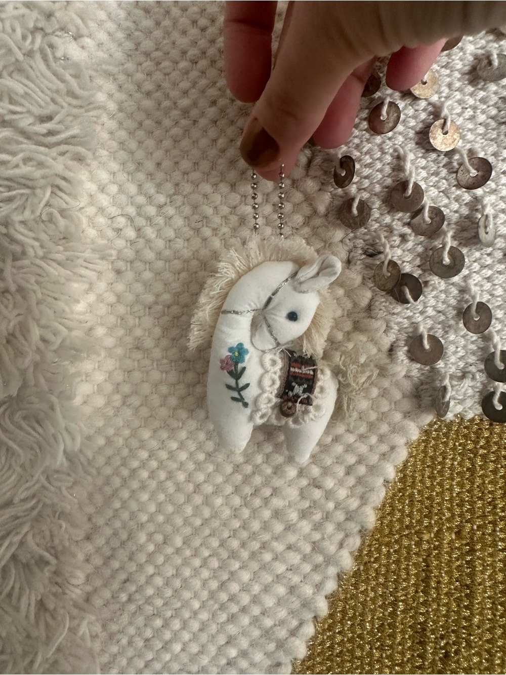 Adorable White Llama Plush Keychain with Embroidered Floral Detail